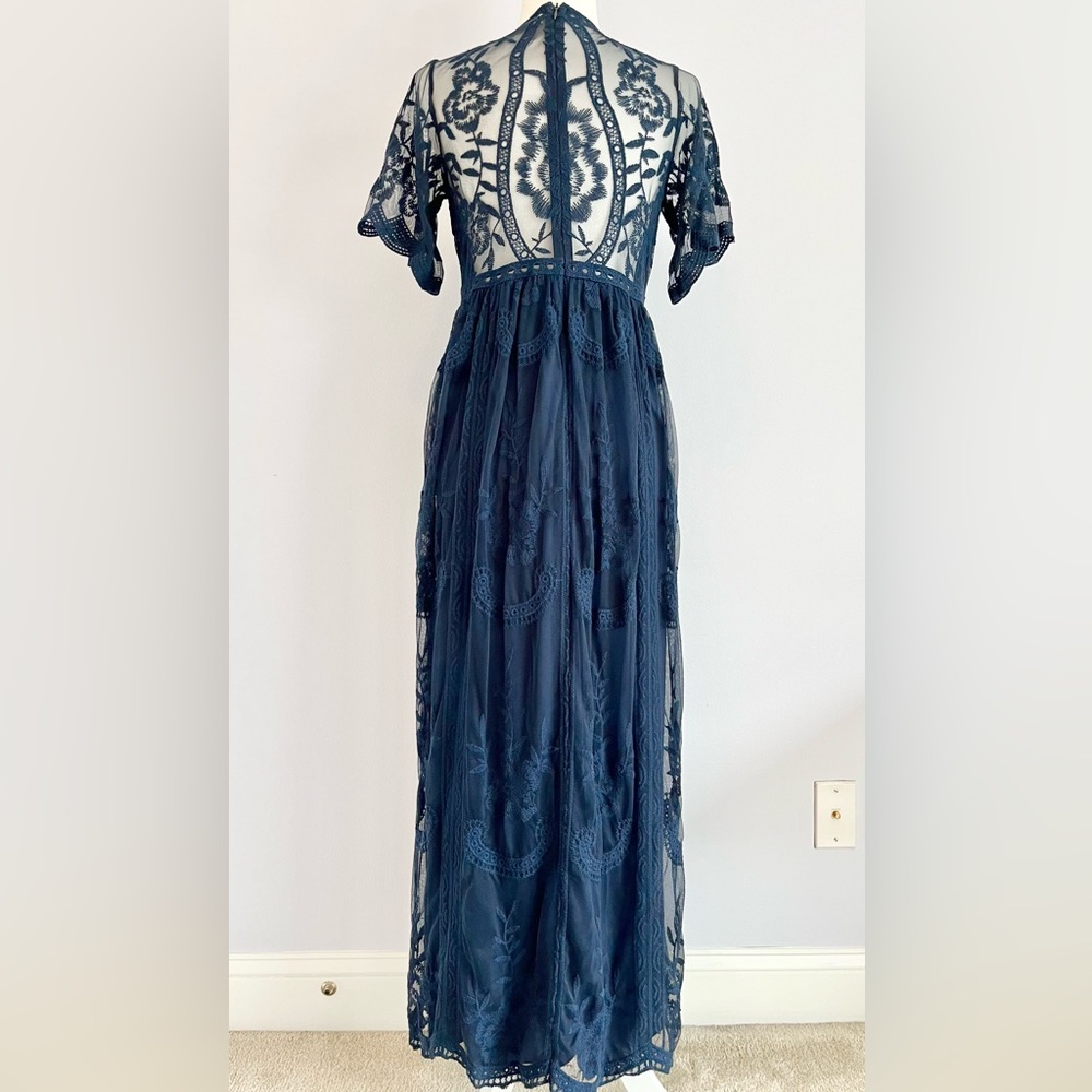 PinkBlush Navy Blue Lace Mesh Overlay Maternity Maxi Dress